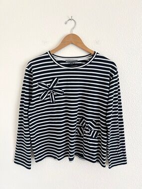 ELLIOTT LAUREN navy striped flower appliqe long sleeve tee / size XL